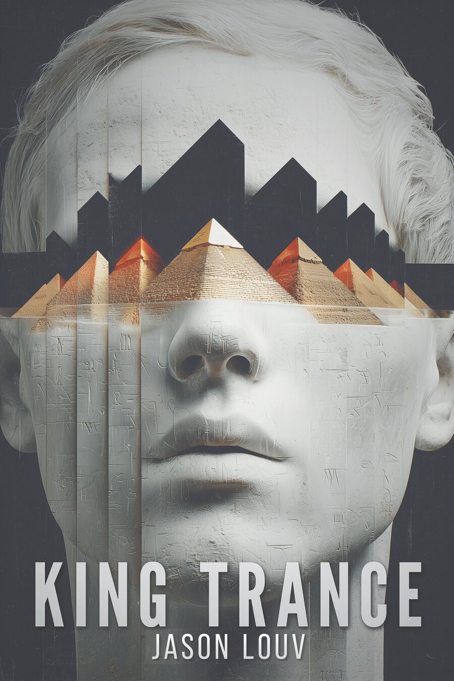 The cover of King Trance by Jason Louv: a white stone face whose eyes are covered by a band of golden and red pyramids beneath black monoliths.